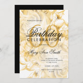 60thエレガント誕生日パーティーフローラ金ゴールド 招待状 (正面/裏面)