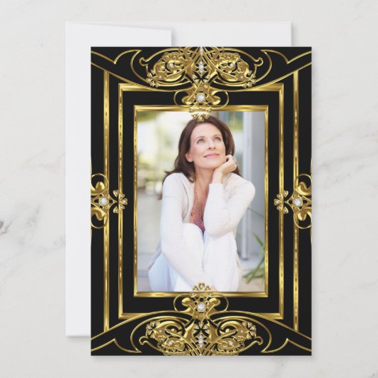 60thエレガント誕生日パーティー追加フォト金ゴールドブラック 招待状 (裏面)