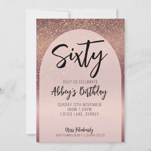 60thグリッターバラ金ゴールドフレイクアーチ誕生日招待状 招待状 (正面)