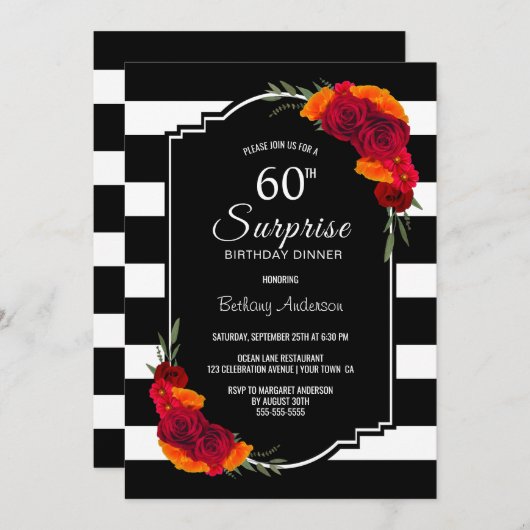 60thサプライズ誕生日ディナー白黒 ストライプの 招待状 (正面/裏面)