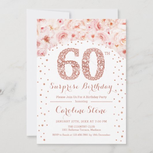 60thサプライズ誕生日パーティー – ホワイトローズ金ゴールド 招待状 (正面)