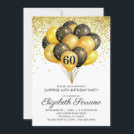 60thサプライズ誕生日ブラック金ゴールドグリッター 招待状<br><div class="desc">黒と金ゴールドの風船と紙吹雪60th誕生日パーティー招待状。スクリはっきりしたプト書体の黒と金ゴールドのモダンスタイルデザイン。カスタマイズ年齢を問わず40、50、60、70、80、90以上。</div>