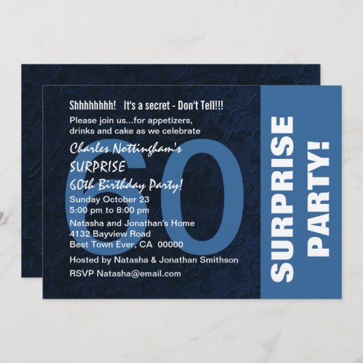 60thサプライズ誕生日ミッドナモダンイトブルー感じ 招待状 (正面/裏面)
