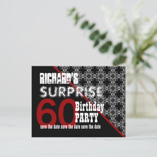 60thサプライズ誕生日日付を保存する斜めW60F 案内ポストカード (スタンド正面)