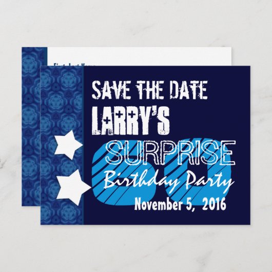 60thサプライズ誕生日日付を保存する青い星 案内ポストカード (正面/裏面)