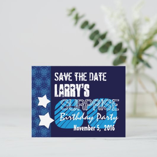 60thサプライズ誕生日日付を保存する青い星 案内ポストカード (スタンド正面)