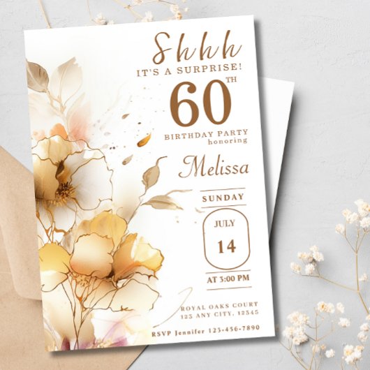60thサプライズ金ゴールド花水彩誕生日 招待状