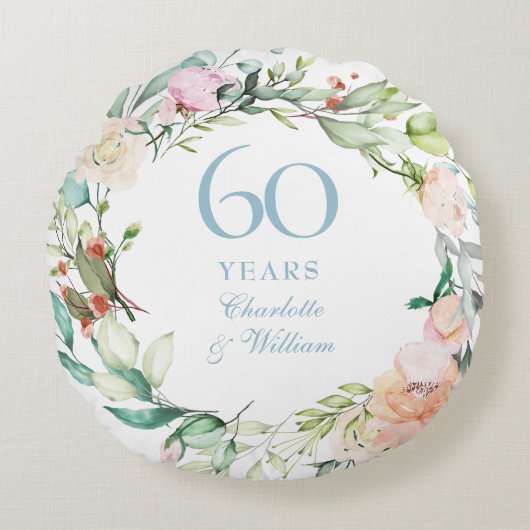 60thダイヤモンドの結婚周年記念バラガーランド ラウンドクッション (正面)