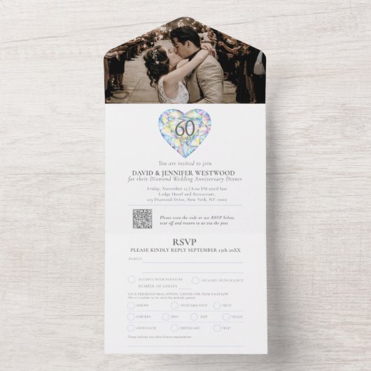 60thダイヤモンド結婚の記念日のハート水彩 オールインワン招待状 (内側)