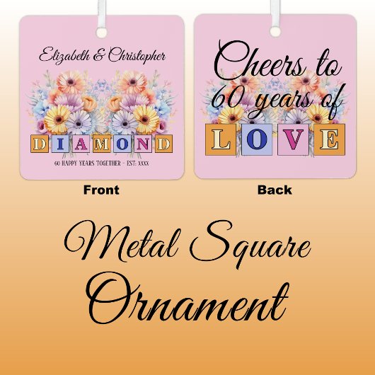 60thダイヤモンド記念日の花ピンク メタルオーナメント