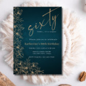 60thティール(緑がかった色)モダン&金ゴールドフローラサプライズ誕生日 招待状