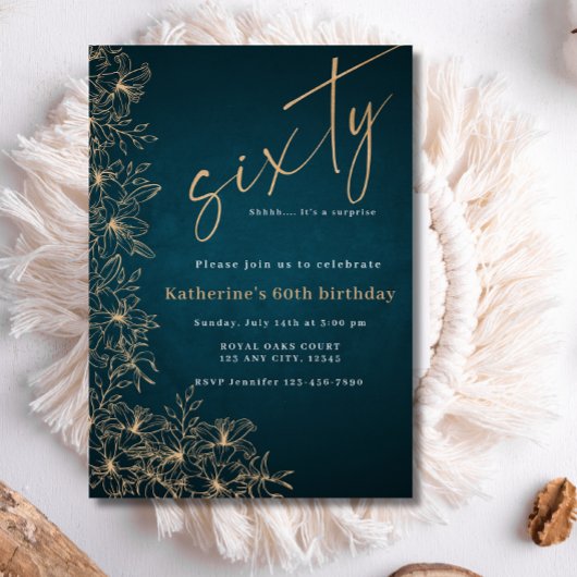 60thティール(緑がかった色)モダン&金ゴールドフローラサプライズ誕生日 招待状