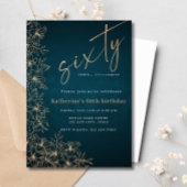 60thティール（緑がかった色）モダン&金ゴールドフローラサプライズ誕生日 招待状
