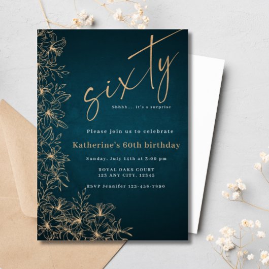 60thティール(緑がかった色)モダン&金ゴールドフローラサプライズ誕生日 招待状