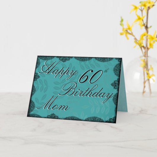 60thハッピーバースデーカード – ティール(緑がかった色)ヴィンテージレース カード (黄色い花)