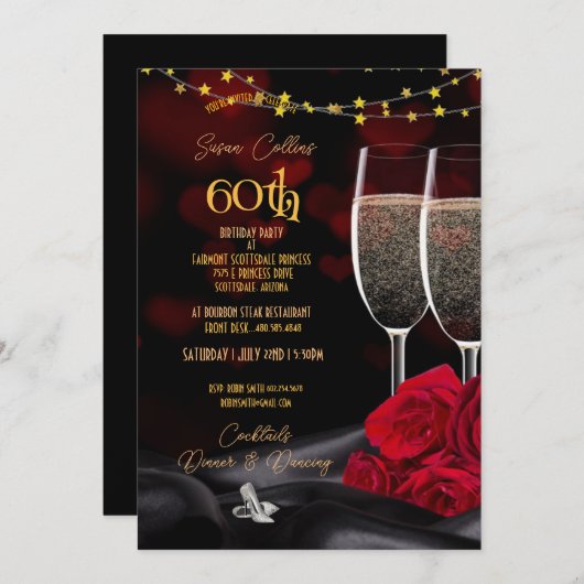 60thバースデーパーティシャンパン&バラ誕生日Inv 招待状 (正面/裏面)