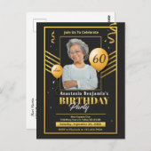 60thバースデーパーティフォトブラック金ゴールド招待状 ポストカード (正面/裏面)