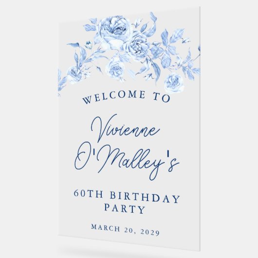 60thバースデーパーティーウェルカムブルーバラフローラ アクリルサイン (傾斜)