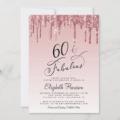 60thバースデーパーティーグリッターバラ金ゴールドピンク 招待状 (正面)