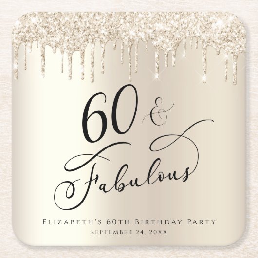60thバースデーパーティーグリッター金ゴールド スクエアペーパーコースター (正面)