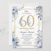 60thバースデーパーティーダスティーエレガントブルーフローラ 招待状 (正面)