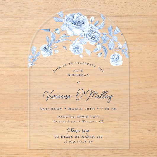 60thバースデーパーティーダスティーブルーバラフローラアーチ アクリル招待状 (正面)