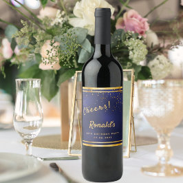 60thバースデーパーティーダークネイビーブルー金ゴールド応援 ワインラベル