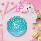 60thバースデーパーティーティール（緑がかった色）ブルーグリッターダイヤモンド ペーパープレート (パーティー)