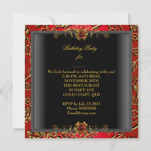 60thバースデーパーティードマスクレッド金ゴールドブラック 招待状 (裏面)