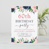 60thバースデーパーティーネイビーブルー赤面ピンクフローラ 招待状 (スタンド正面)