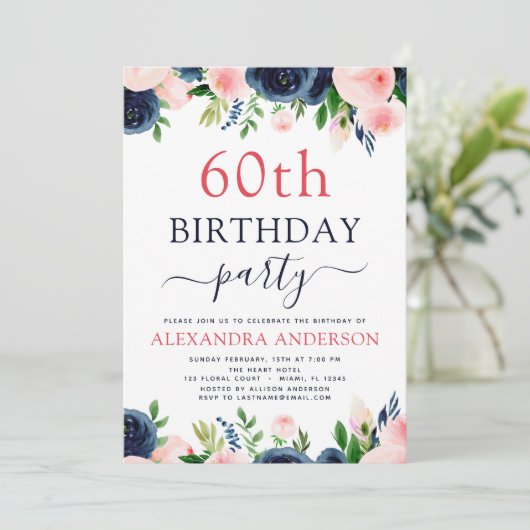 60thバースデーパーティーネイビーブルー赤面ピンクフローラ 招待状 (スタンド正面)