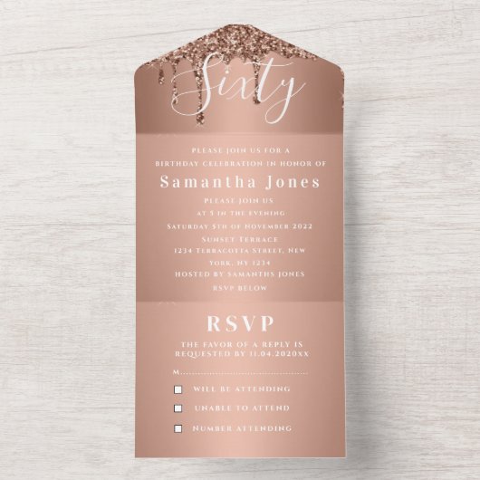60thバースデーパーティーバラ金ゴールドはっきりしたシックモダン オールインワン招待状 (内側)
