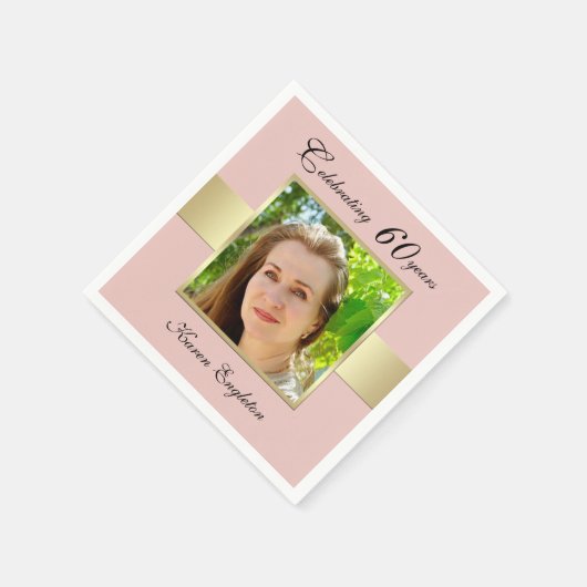 60thバースデーパーティーバラ金ゴールドフォトナプキンス スタンダードカクテルナプキン (角)