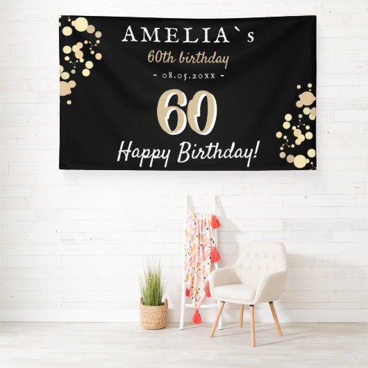 60thバースデーパーティーブラックゴールデン背景 横断幕 (インサイチュ)