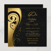 60thバースデーパーティーブラック&エレガント金ゴールドスワーズ 招待状 (正面/裏面)