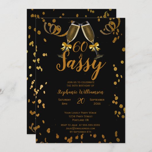 60thバースデーパーティーブラック |金ゴールドフェイクシャンパン 招待状 (正面/裏面)