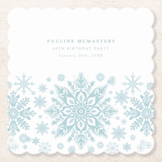 60thバースデーパーティーブルーホワイトスノーフレークカスタム ペーパーコースター (正面)