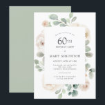 60thバースデーパーティーホワイトローズフローラ 招待状<br><div class="desc">この60歳の誕生日パーティエレガントの招待で特別な女性を尊重する。白いバラは柔らかいセージの緑のユーカリ離れスの型枠植物性モダンフレームに囲まれた。すべての文字を編集できるため、特別なお祝いを完全に記述できる</div>