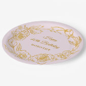 60thバースデーパーティールックス金ゴールドバラフローラピンク ペーパープレート (アングル)