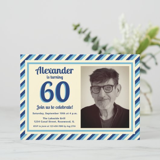 60thバースデーパーティーレトロブルーストライプズ男写真 招待状 (スタンド正面)
