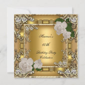 60thバースデーパーティー金ゴールドエレガントクリームバラ2 招待状 (正面)