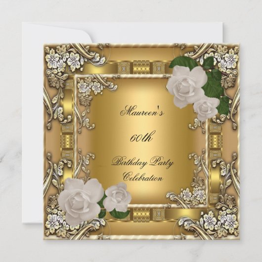 60thバースデーパーティー金ゴールドエレガントクリームバラ2 招待状 (正面)