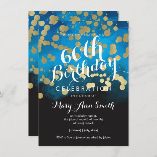 60thバースデーパーティー金ゴールドグリッターブルーウォーター色 招待状 (正面/裏面)