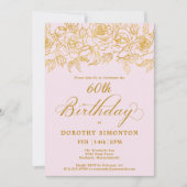 60thバースデーパーティー金ゴールドバラフローラ赤面ピンク 招待状 (正面)