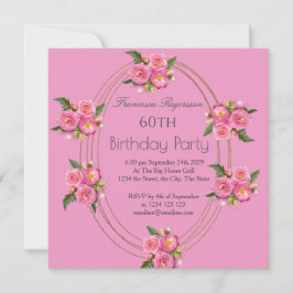 60thバースデーパーティー金ゴールドピンクの花招待状 招待状