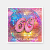 60thバースデーパーティー金ゴールドピンクグリッターディスコボール スタンダードカクテルナプキン (正面)