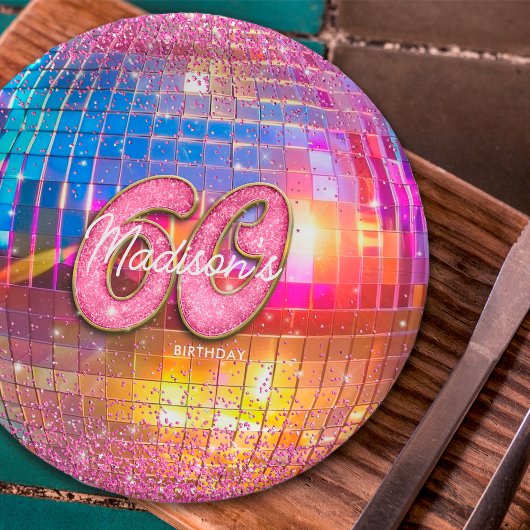 60thバースデーパーティー金ゴールドピンクグリッターディスコボール ペーパープレート