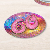 60thバースデーパーティー金ゴールドピンクグリッターディスコボール ラウンドペーパーコースター (アングル)