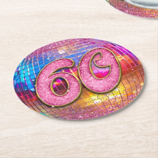 60thバースデーパーティー金ゴールドピンクグリッターディスコボール ラウンドペーパーコースター (アングル)