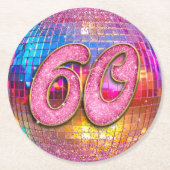 60thバースデーパーティー金ゴールドピンクグリッターディスコボール ラウンドペーパーコースター (正面)